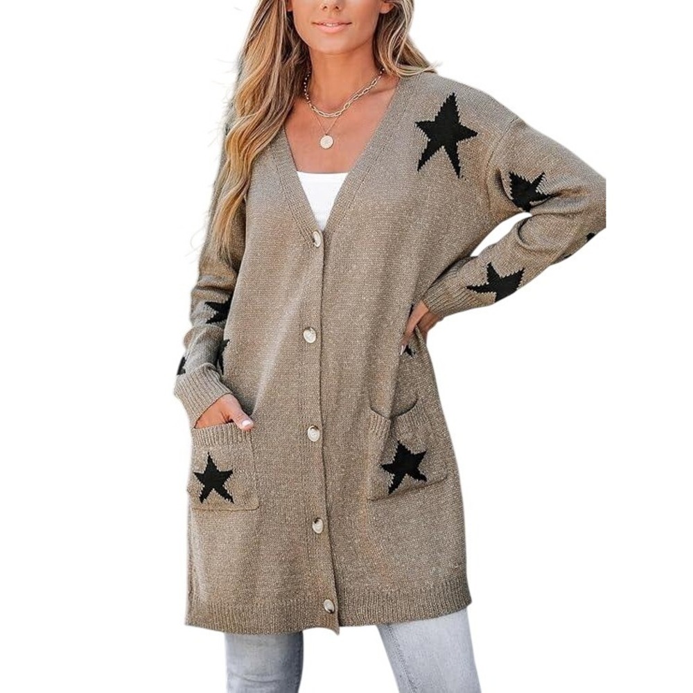 CUPSHE Women's Long Sleeve Star Print Button Front Cardigan Taupe Pockets XL